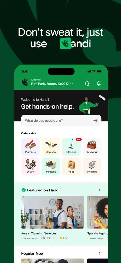 Handi app home screen with service categories