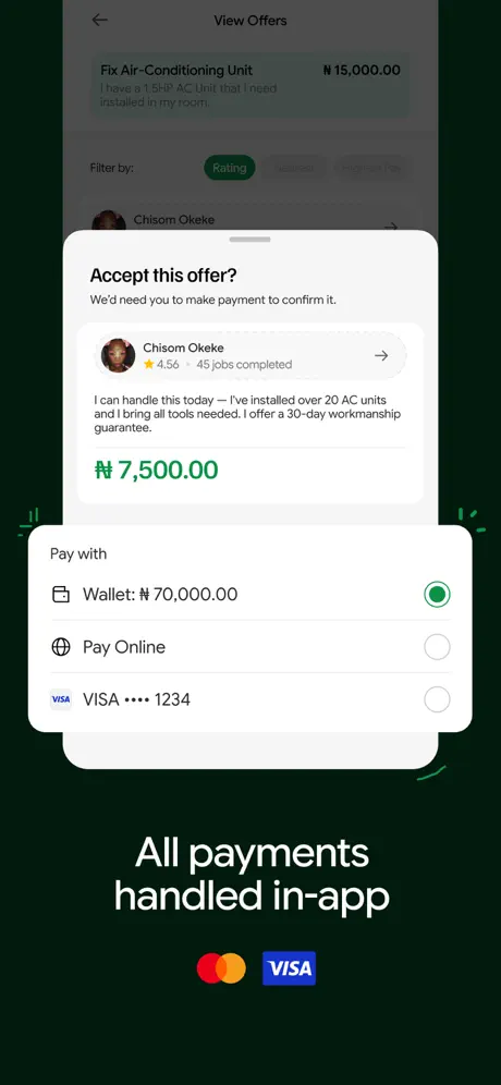Handi app: all payments handled in-app